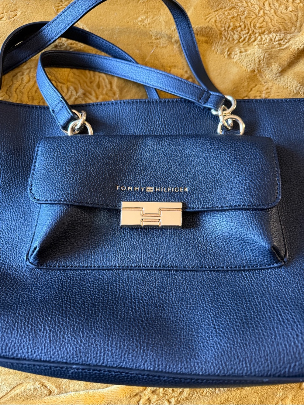 Tommy Hilfiger Navy Pebbled Leather Tote with Front Flap Pocket